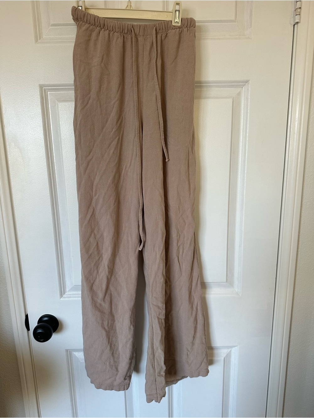 Women's Casual Elastic-Waist Beige Lounge Pants Linen-Style